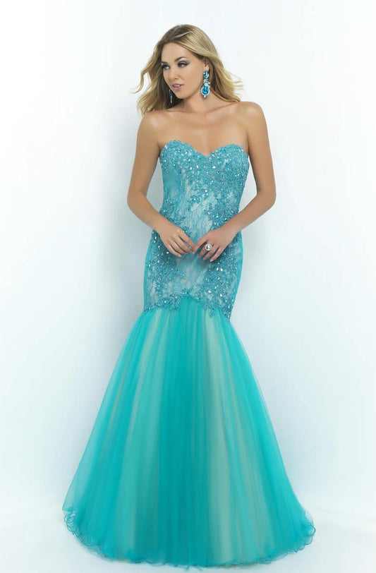 Aqua blue mermaid prom dress with lace bodice and flowing ombre tulle skirt