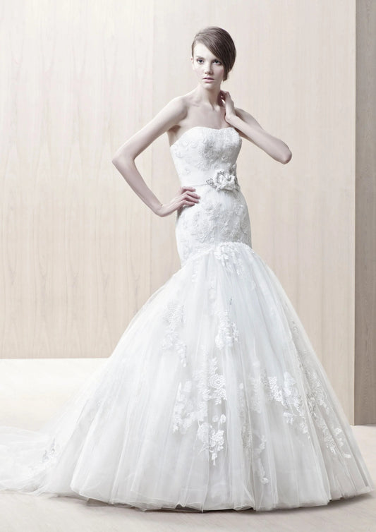 Beautiful strapless Drop Waist Wedding Gown With Lace Overlay