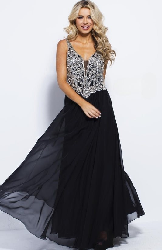 Beautiful Black Evening Gown with Silver Embellishments