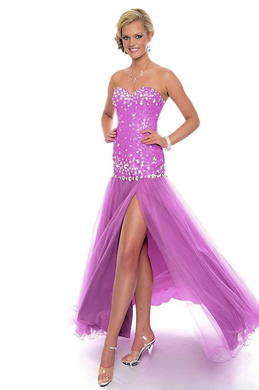 Beautiful Orchid Beaded Prom Dress with high slit tulle skirt, Ships with in 24 hours!