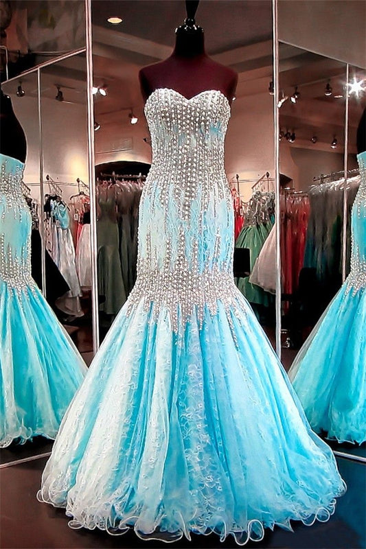 Beautiful Light Blue strapless prom dress with pearls and lace.
